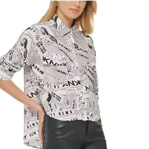 DKNY Black and White Graphic Button Down Shirt